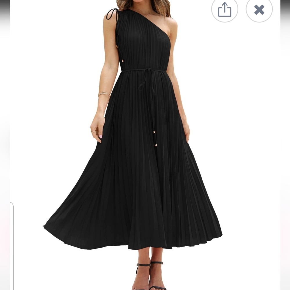 Black classy, pleated midi dress, one cinch shoulder. Size Large-XXL